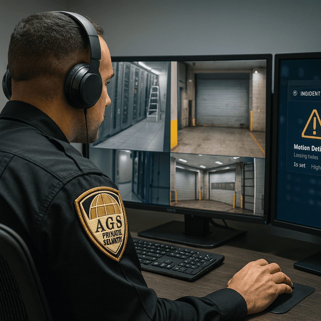 Monitoring operator viewing server room and dock cameras with alert panel.