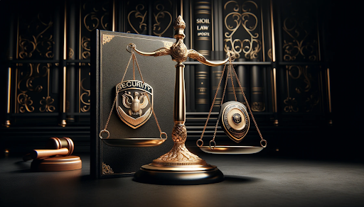 Justice scales with security badge and law book, symbolizing legal considerations in use of force by security personnel, in black and gold