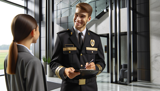 Cheerful security guard in a black and gold uniform in the modern office lobby, representing professional security and liability insurance