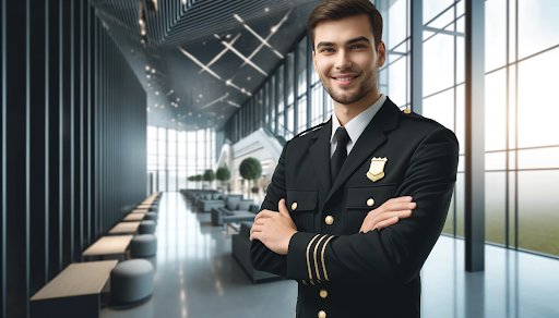 Cheerful security guard in black and gold uniform standing in modern office, representing workplace safety and security rights.