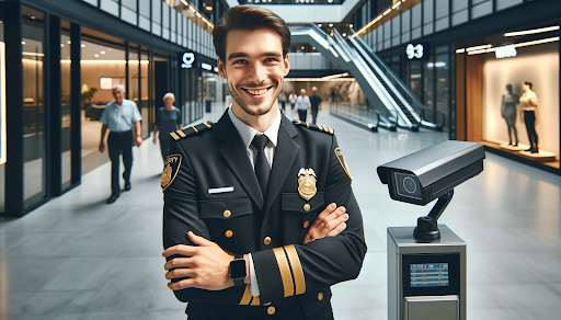 Cheerful security guard in black and gold uniform standing by a surveillance camera in a modern public space, promoting security and privacy balance.