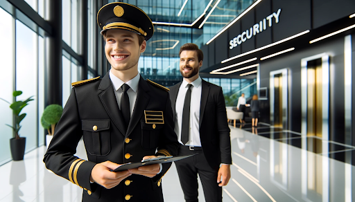 Cheerful security guard in black and gold uniform assisting a visitor in a corporate office lobby, representing professional security operations compliance.