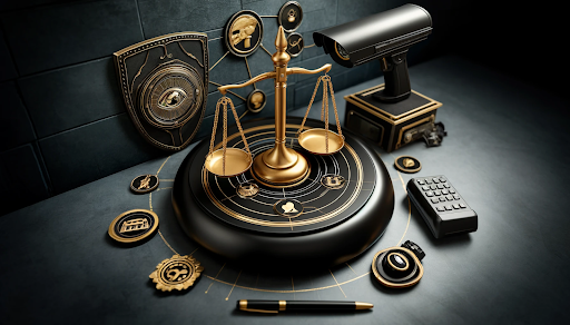 Balanced scale and gavel with security camera and badge in black and gold, symbolizing legal dispute management in security operations