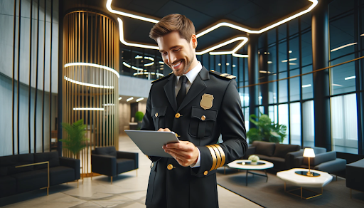 Cheerful security guard in black and gold uniform using a digital tablet in modern office lobby for legal updates in the security industry