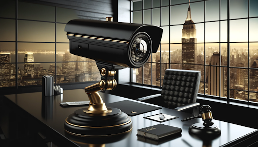 Black and gold surveillance camera in office setting overlooking cityscape, symbolizing legal risks in security technology deployment