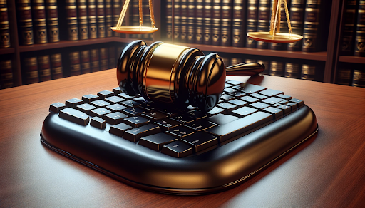 Black and gold gavel on computer keyboard in a courtroom setting, representing legal implications of security breaches