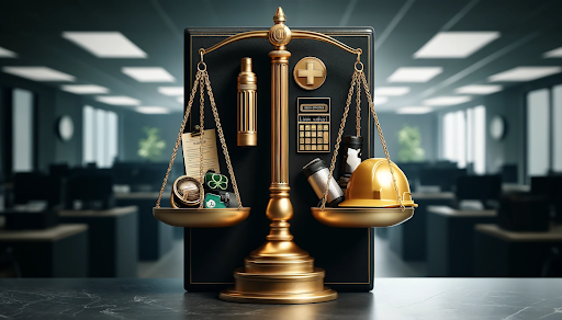 Gold scale of justice balancing emergency response items and legal documents on a blurred office background for emergency planning legal aspects