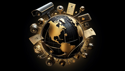 Global security operations are depicted by a globe surrounded by legal documents and surveillance cameras, with a sophisticated black and gold color scheme.