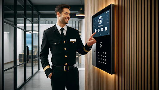 Cheerful security guard using patented technology on a digital security system in a modern office, highlighting intellectual property protection in security solutions
