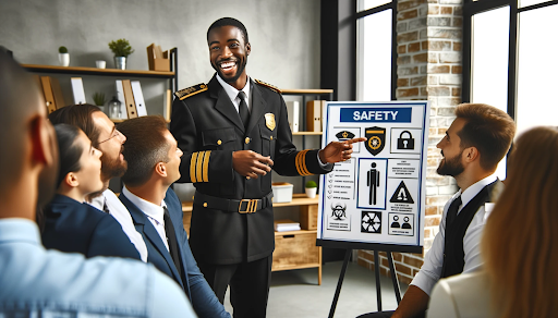 Cheerful security guard leading safety training session with diverse team in modern office, emphasizing fair labor practices in security operations