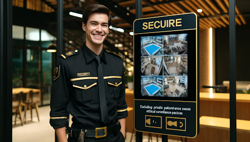 Cheerful security guard monitoring ethical surveillance in residential complex