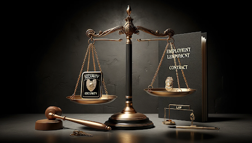 Balanced justice scales with security badge and employment contract on black and gold background, symbolizing employment law for security personnel.