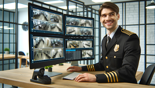 Cheerful security guard monitoring CCTV in a modern office, representing compliance with data privacy laws