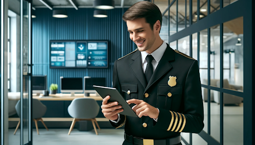 Cheerful security guard in black and gold uniform reviewing cybersecurity data on a tablet in a modern office