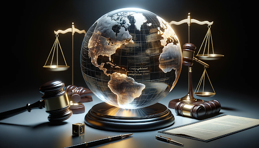 Global compliance in security operations, featuring a globe with legal documents and gavels in black and gold.