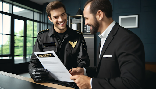 Cheerful security guard discussing a contract with a property manager in a black and gold-themed office, representing best practices in security service agreements.