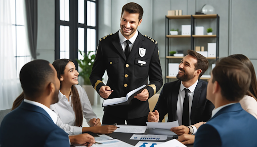 Cheerful security guard in black and gold uniform conducting compliance training with team in modern office