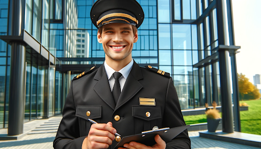 Cheerful security guard conducting compliance audit outside modern office building