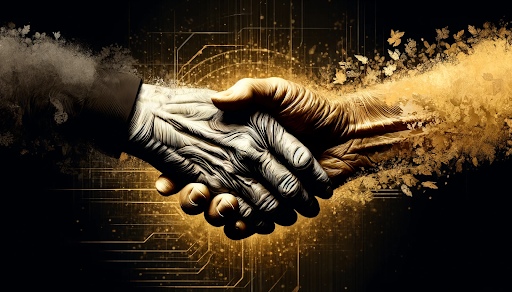 Black and gold symbolic representation of age diversity in security operations, featuring a handshake between young and older hands